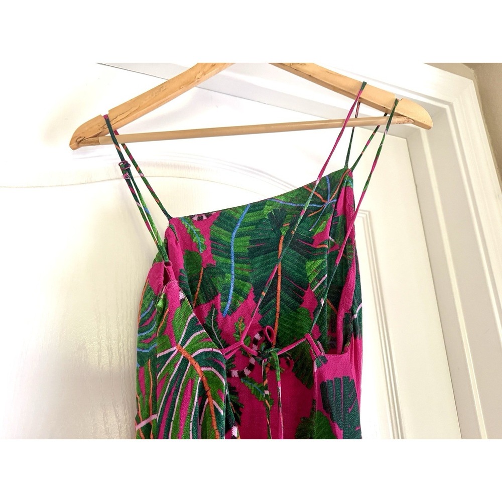 Farm Rio Leaves Pink Midi Dress XS Strappy Ruched Front Slit Tropical Print - Picture 10 of 16